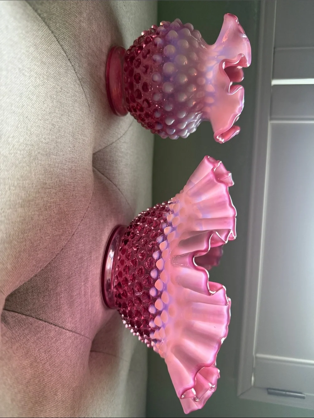 Fenton Pink Hobnail Ruffled Glass Vases - Pair